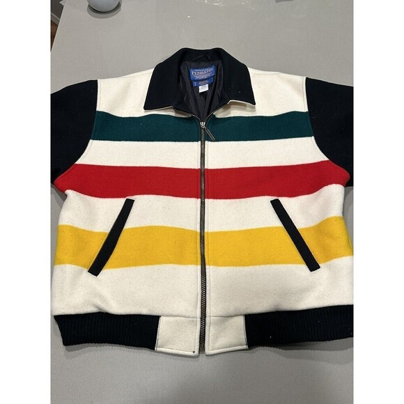 Vintage Pendleton Coat BAY STRIPES Wool Blanket Coat Bomber Jacket Mens Large - Picture 4 of 16